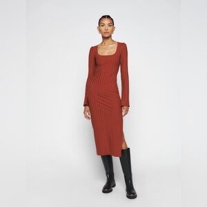 Reformation Clint Knit Ribbed Bodycon Dress with Bell Sleeves Dress (Oxide) M
